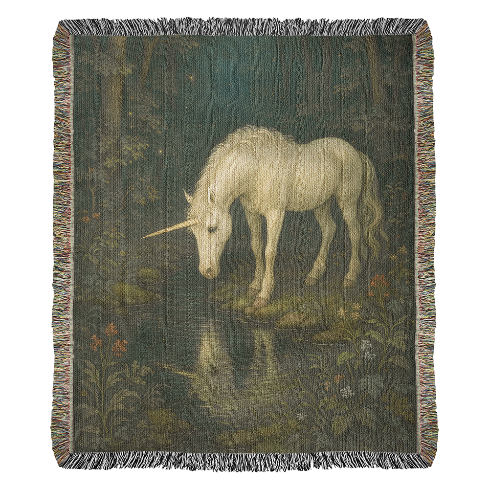 Heirloom Woven Cotton Blanket – Magical Night Forest Scene with Unicorn near Stream