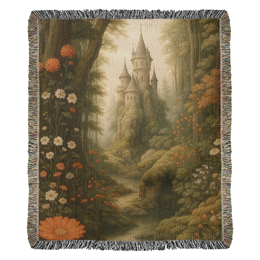 100% Cotton Woven Blanket – Fairytale Castle among Woodland Trees and Blossoms
