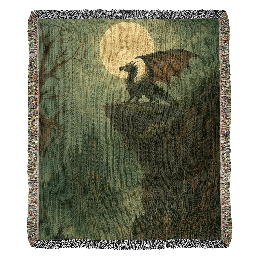 100% Cotton Woven Blanket – Majestic Dragon on Rocky Cliff under Moonlight with Castle View