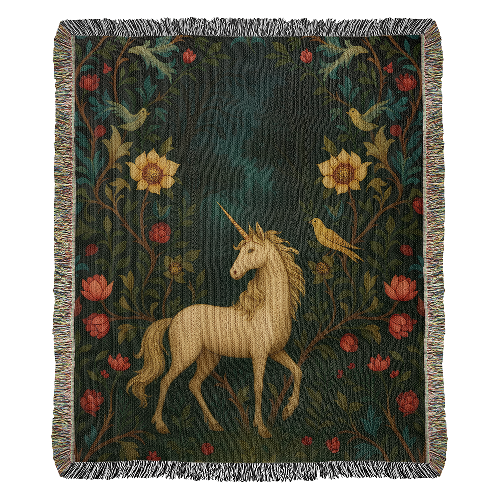 Premium Woven Cotton Throw – Enchanted Forest Unicorn Surrounded by Birds and Blossoms