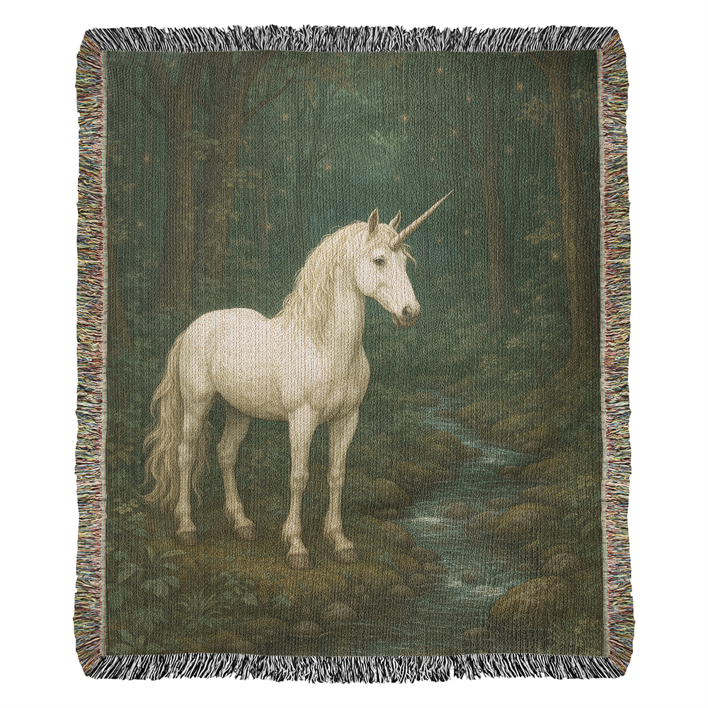 Premium Woven Cotton Throw – Unicorn in Dark Forest by Quiet Stream