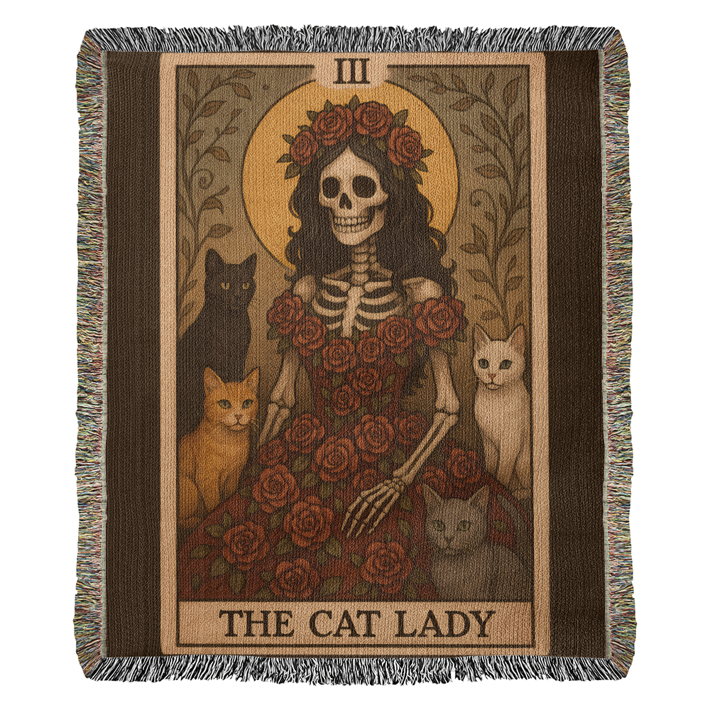 100% Cotton Woven Blanket – Gothic Skeleton Cat Lady Wearing Red Roses Gown with Four Cats, The Cat Lady Card Style