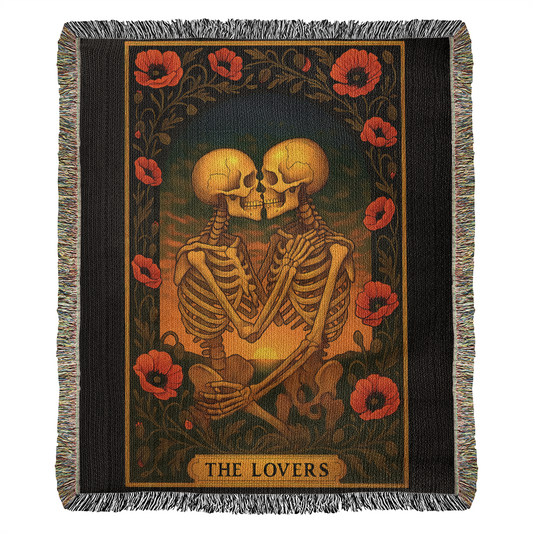 Premium Woven Cotton Throw – Skeleton Lovers with Poppy Garland Frame, Sunset Scene & The Lovers Caption
