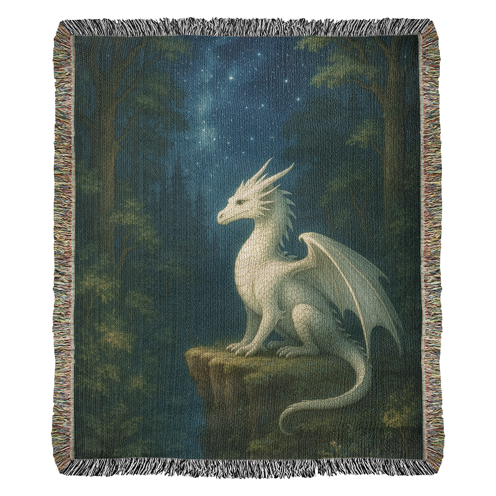 Premium Woven Cotton Throw – White Dragon on Rocky Cliff in Star-Filled Forest Night