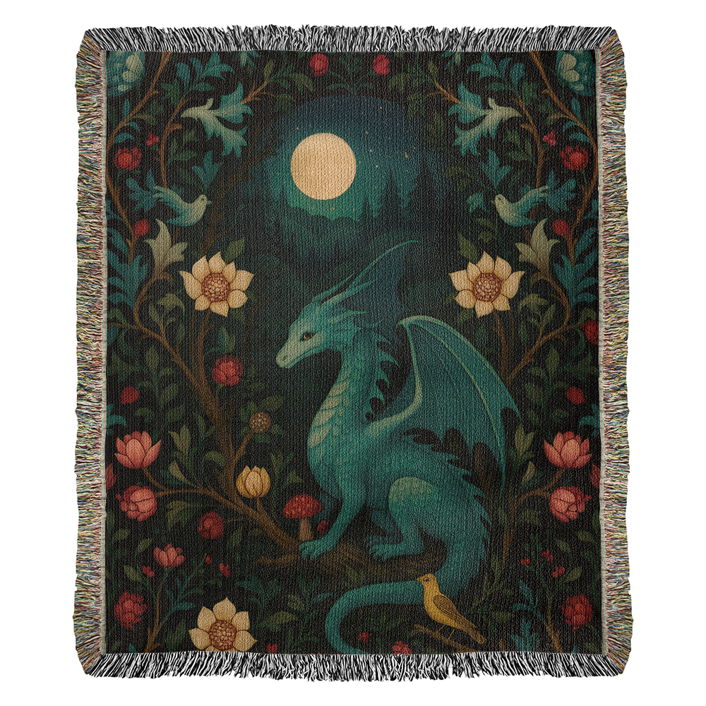 100% Cotton Woven Blanket – Magical Dragon in Moonlit Woodland Scene