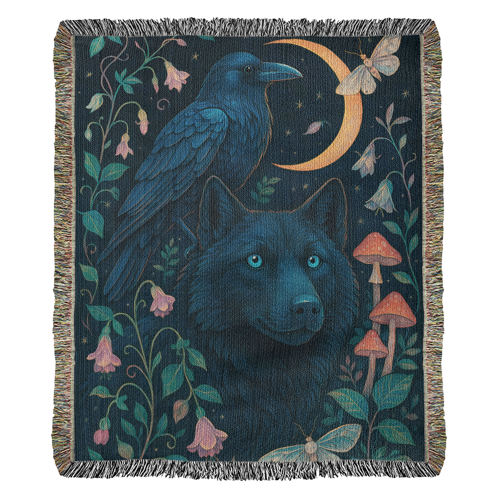 Premium Woven Cotton Throw – Enchanted Forest Scene with Black Wolf, Raven and Crescent Moon
