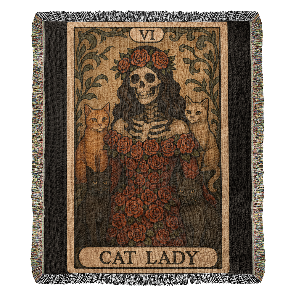 100% Cotton Woven Blanket – Gothic Skeleton Cat Lady Wearing Red Roses Gown with Four Cats, Cat Lady Card Style