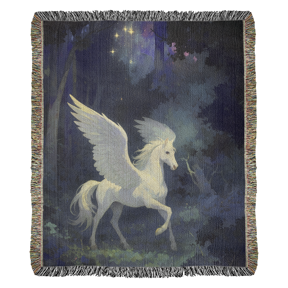 Premium Woven Cotton Throw – White Pegasus under Starry Sky in Mystical Forest