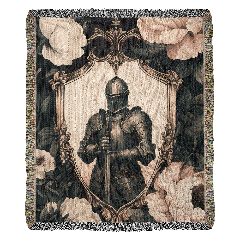 Premium Woven Cotton Throw – Knight Holding Sword in Heraldic Shield Frame