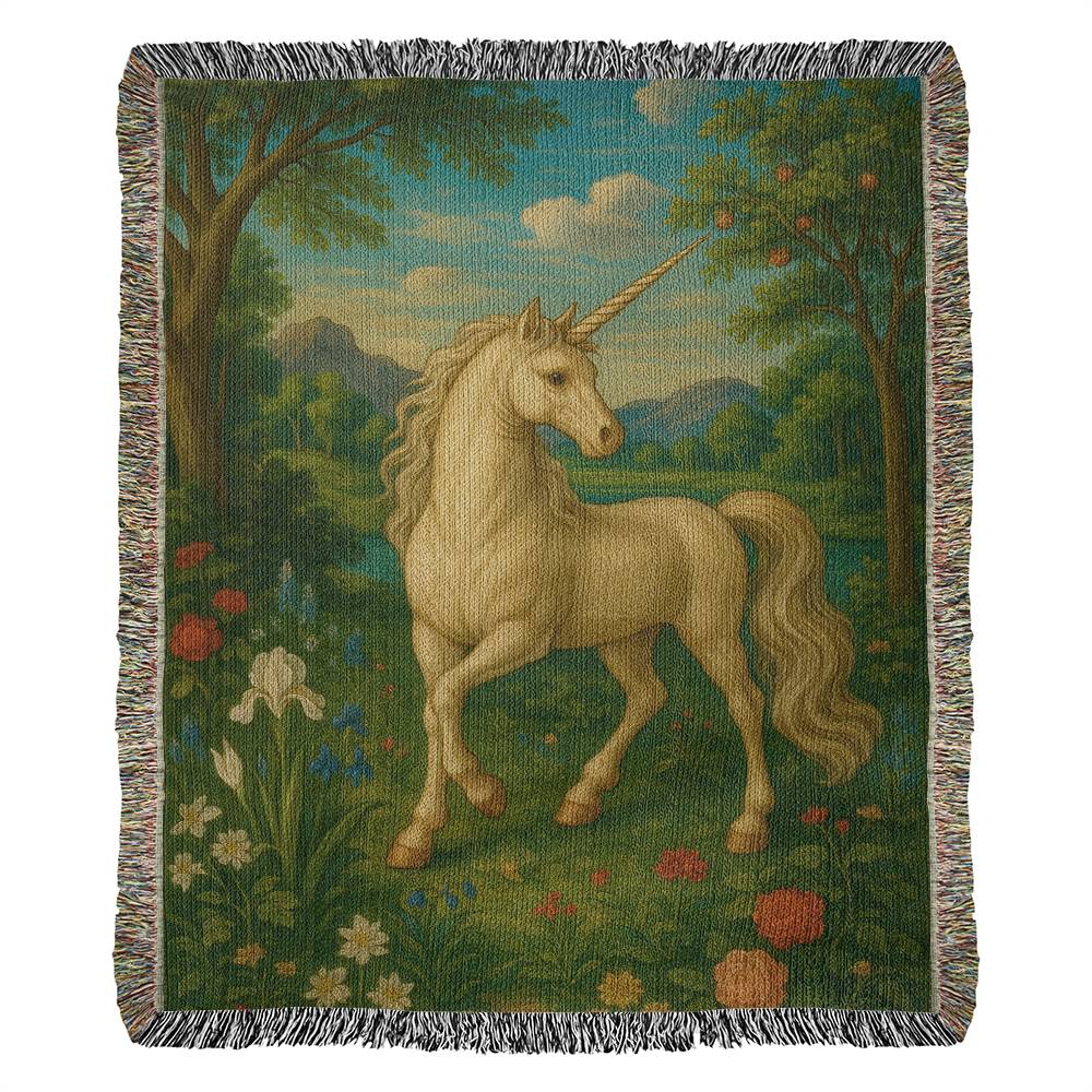 100% Cotton Woven Blanket – Enchanted Unicorn in Floral Clearing with Mountain Backdrop and Clouds