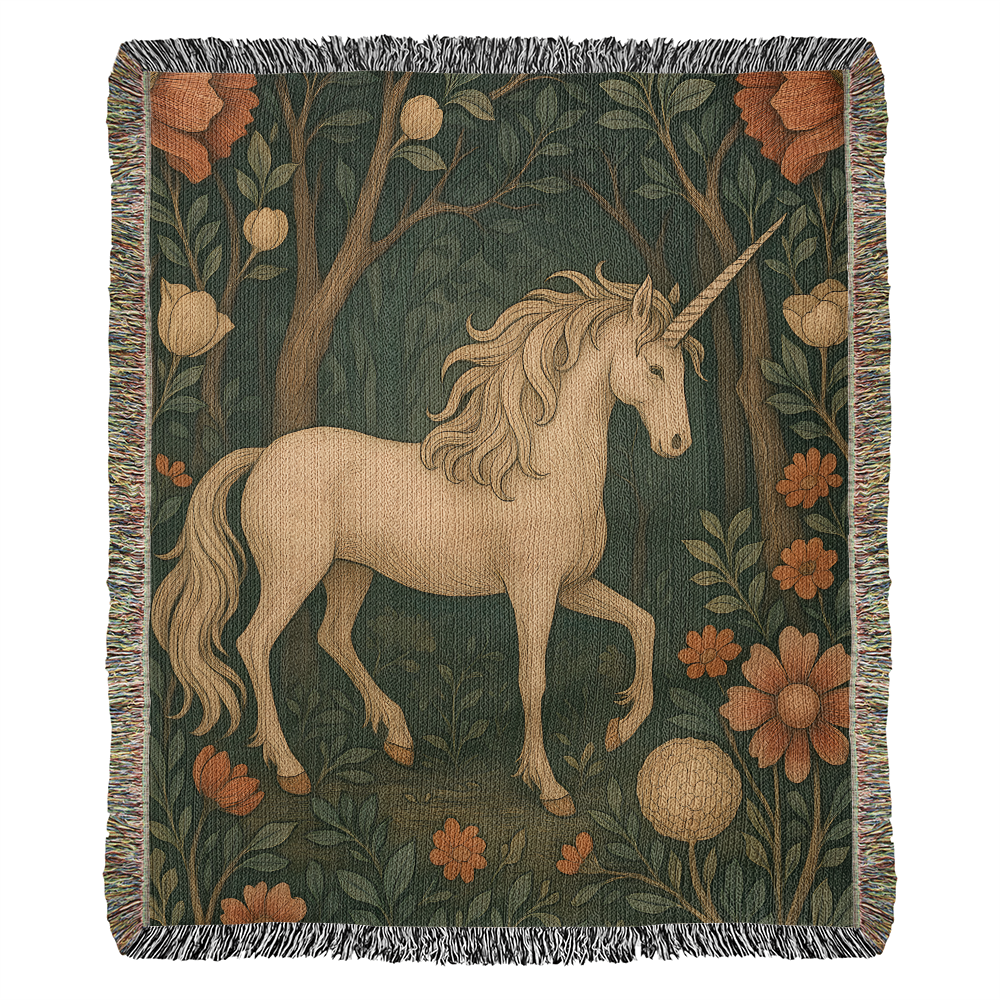 100% Cotton Woven Blanket – Magical Unicorn among Woodland Flowers