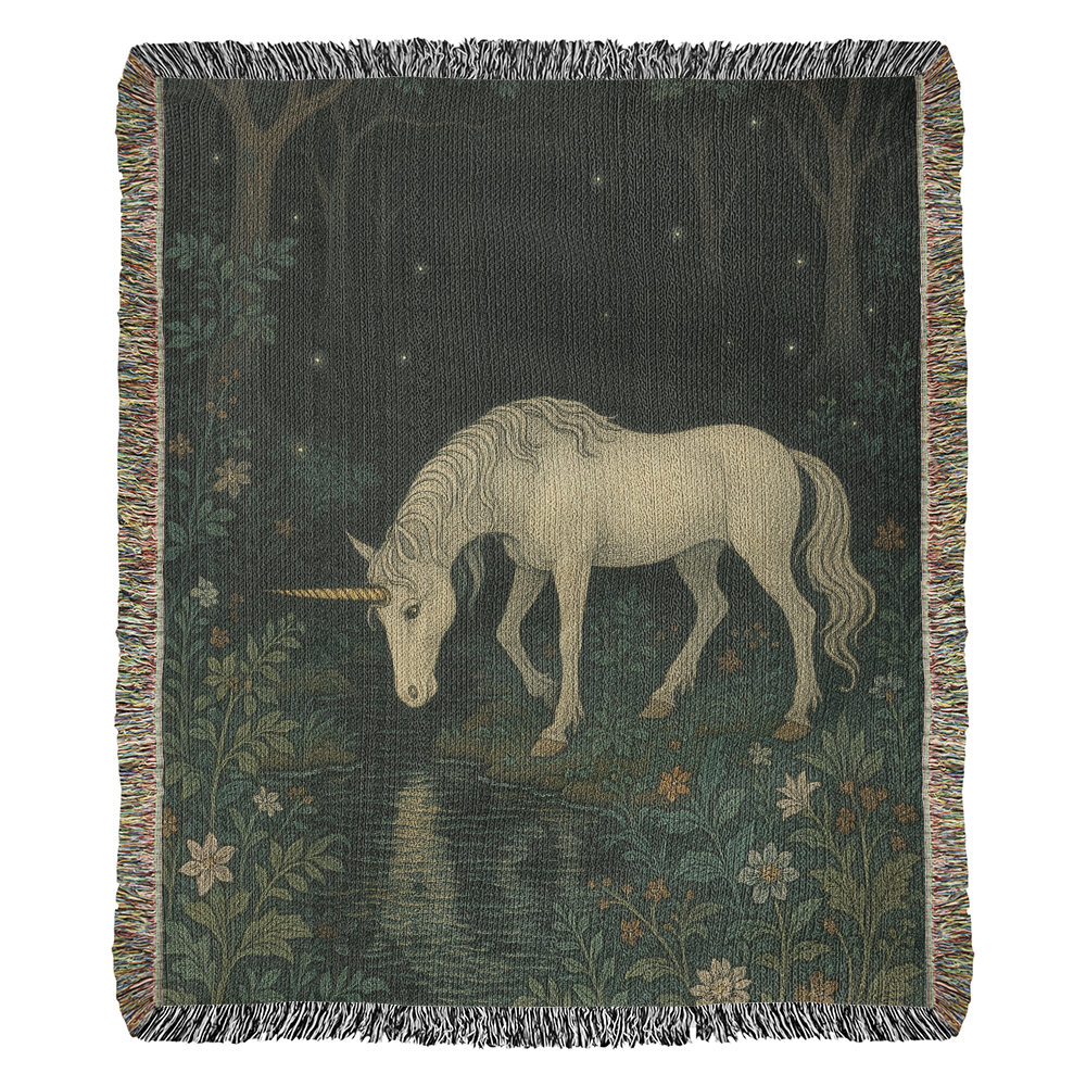 Premium Woven Cotton Throw – Unicorn in Dark Forest by Flowered Stream