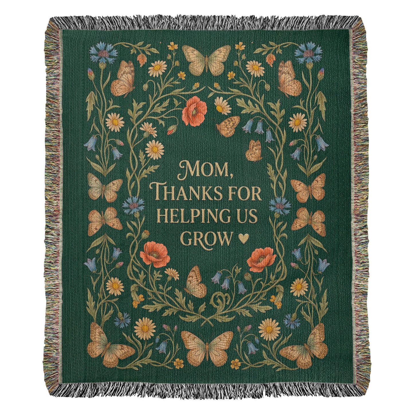 100% Cotton Woven Blanket – Mom Thanks for Helping Us Grow, Emerald Wildflower Throw Gift
