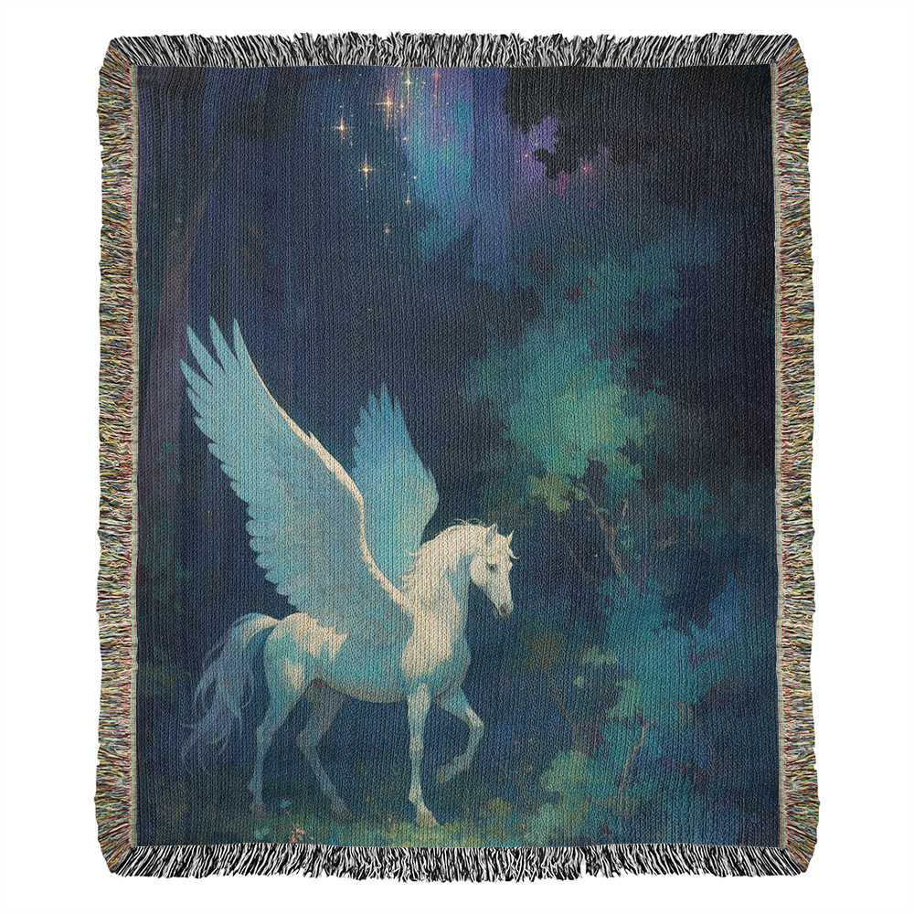 Woven Cotton Blanket – Fantasy White Pegasus in Moonlit Enchanted Forest