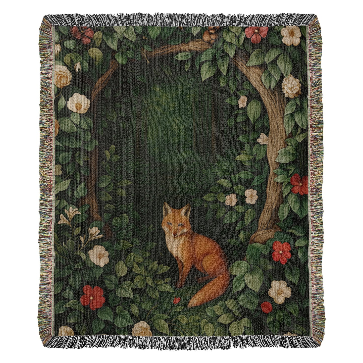 Cotton Woven Blanket – Woodland Fox among Leaves and Flowers