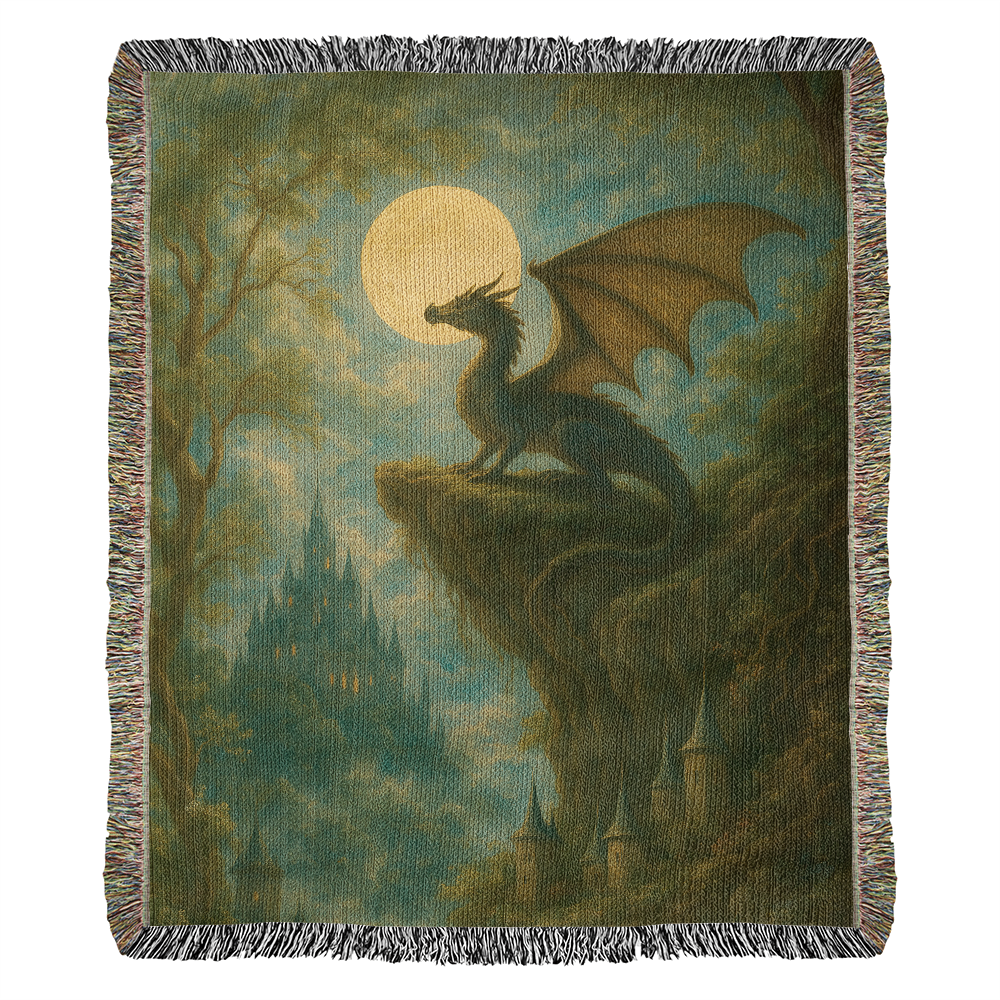Premium Woven Cotton Throw – Fantasy Dragon on Cliff at Night with Castle in Distance