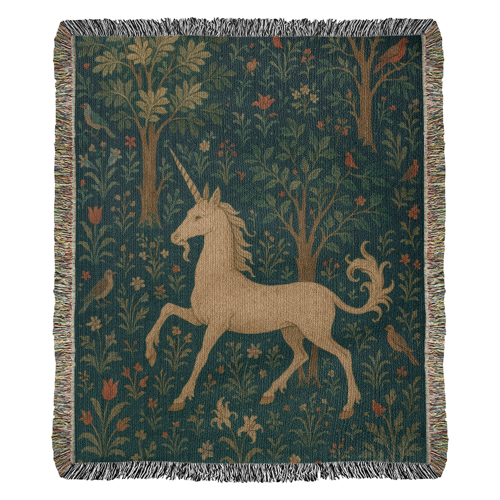 100% Cotton Woven Blanket – Magical Unicorn among Woodland Flowers and Birds