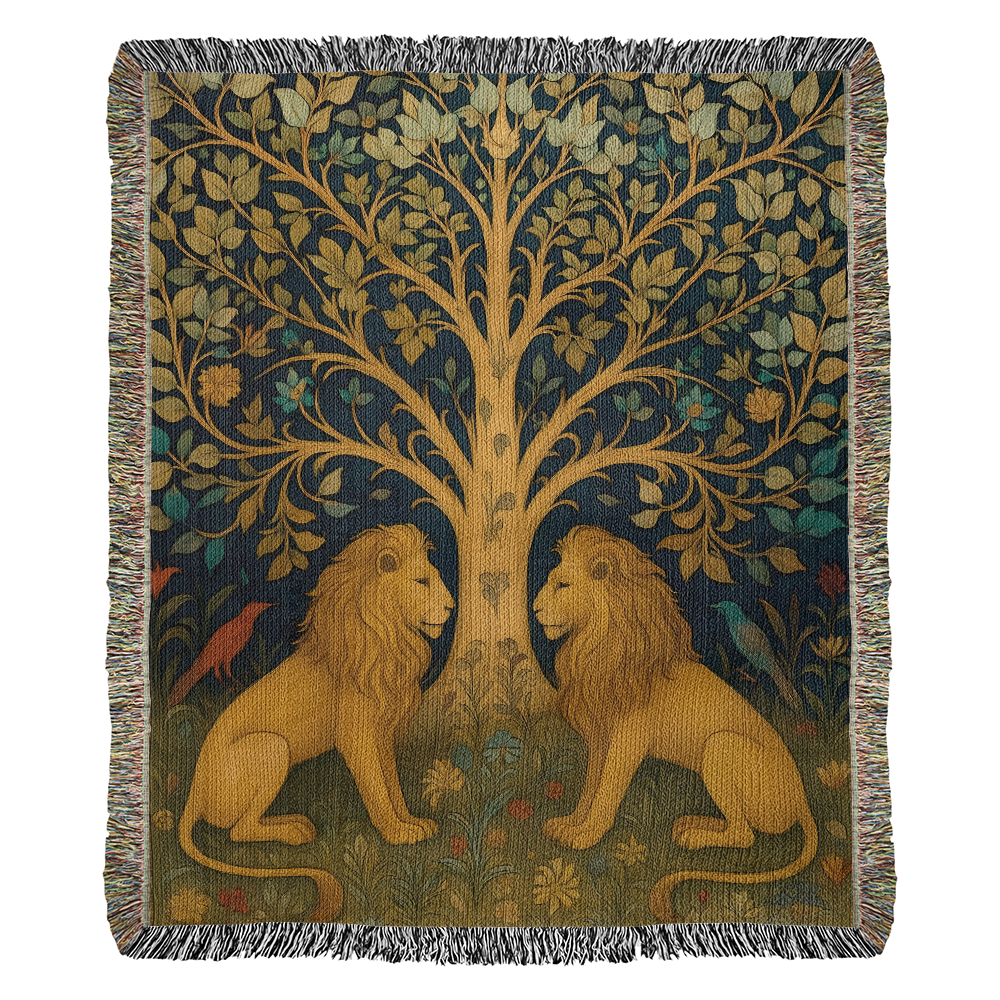 100% Cotton Woven Blanket – Majestic Lions under Forest Tree Gazing at One Another