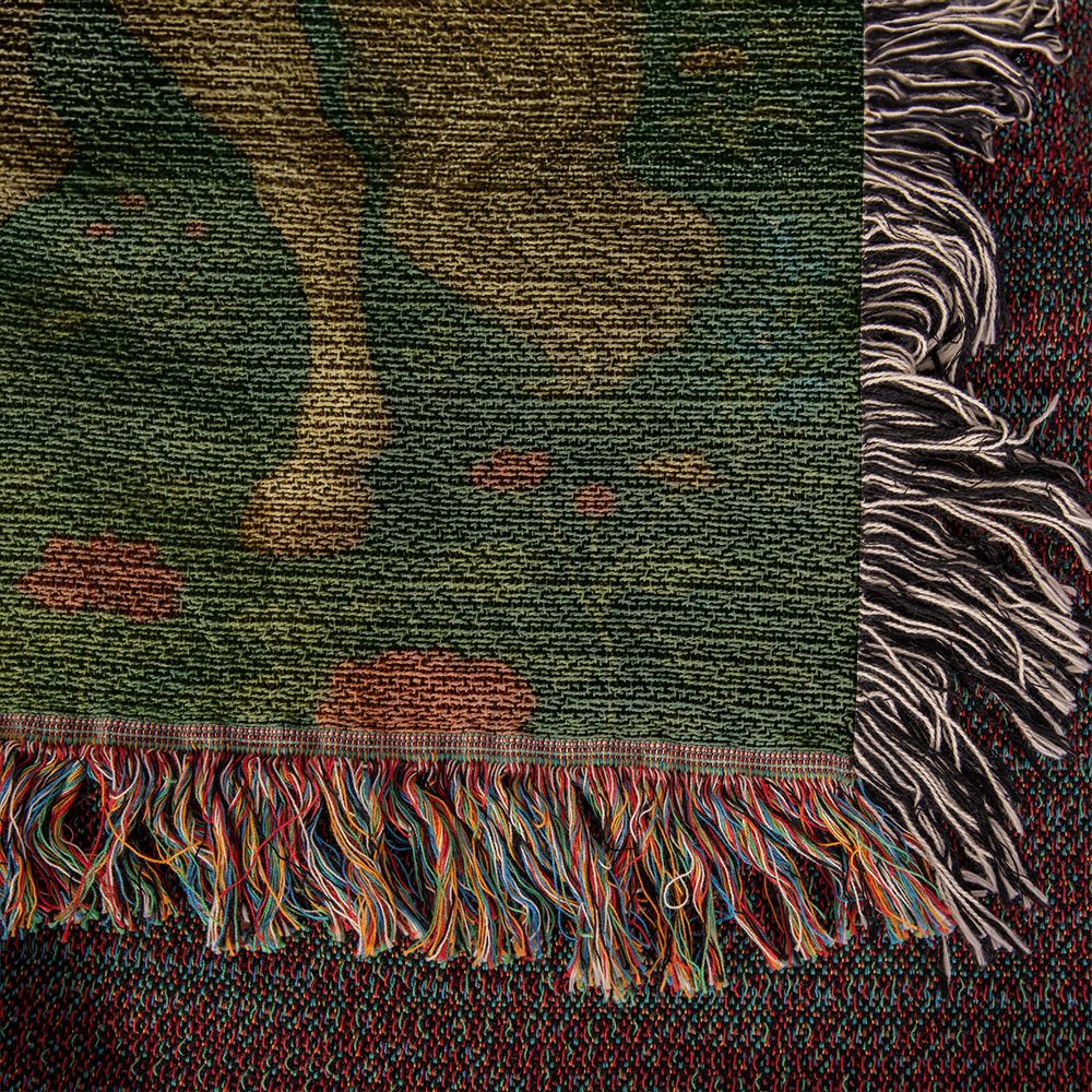 100% Cotton Woven Blanket – Enchanted Unicorn in Floral Clearing with Mountain Backdrop and Clouds