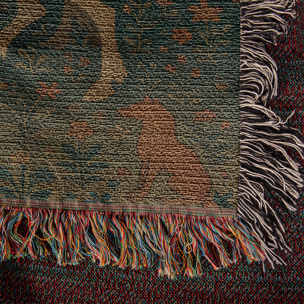 Premium Woven Cotton Throw – Enchanted Forest Unicorn and Fox Surrounded by Birds and Blossoms