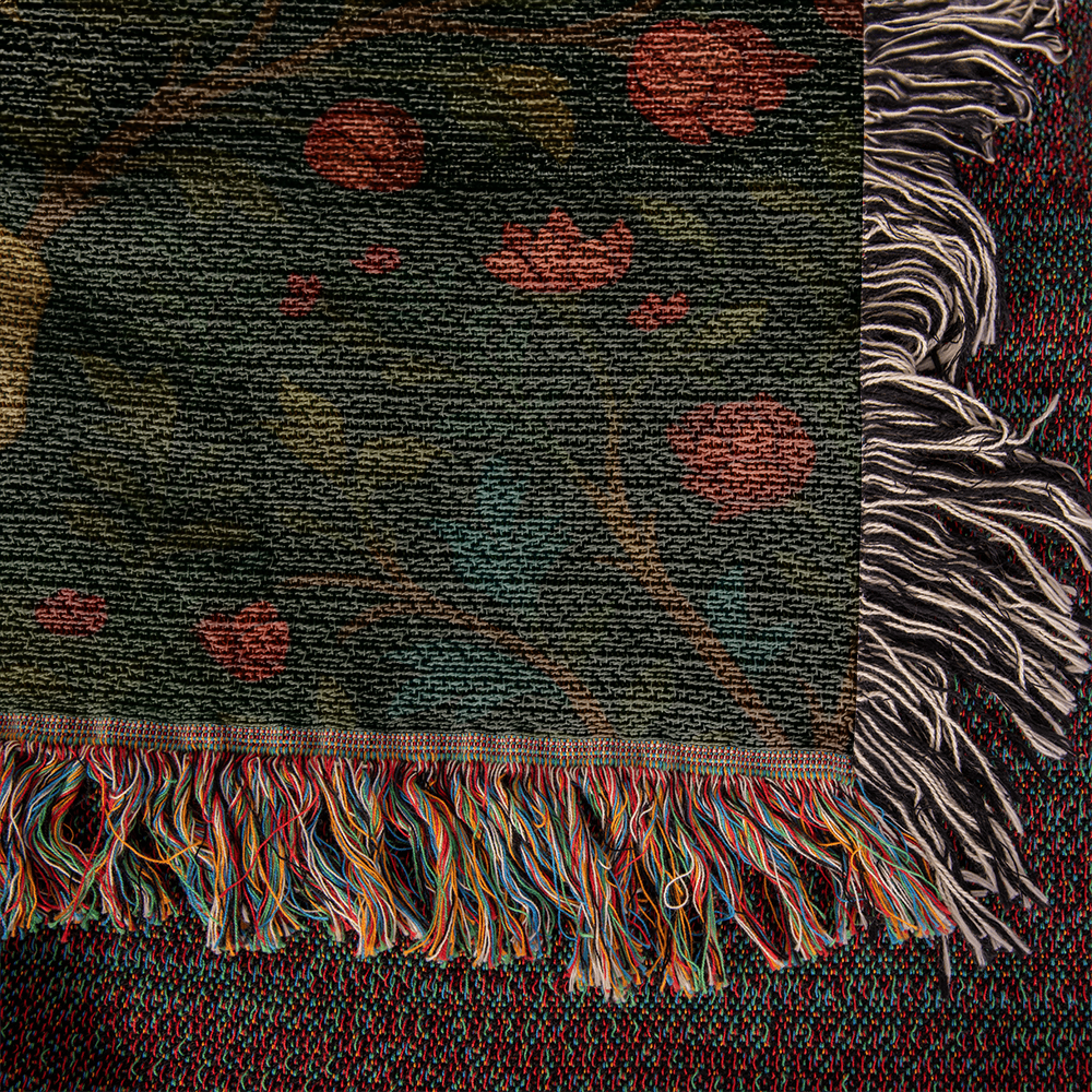 Premium Woven Cotton Throw – Enchanted Forest Unicorn Surrounded by Birds and Blossoms