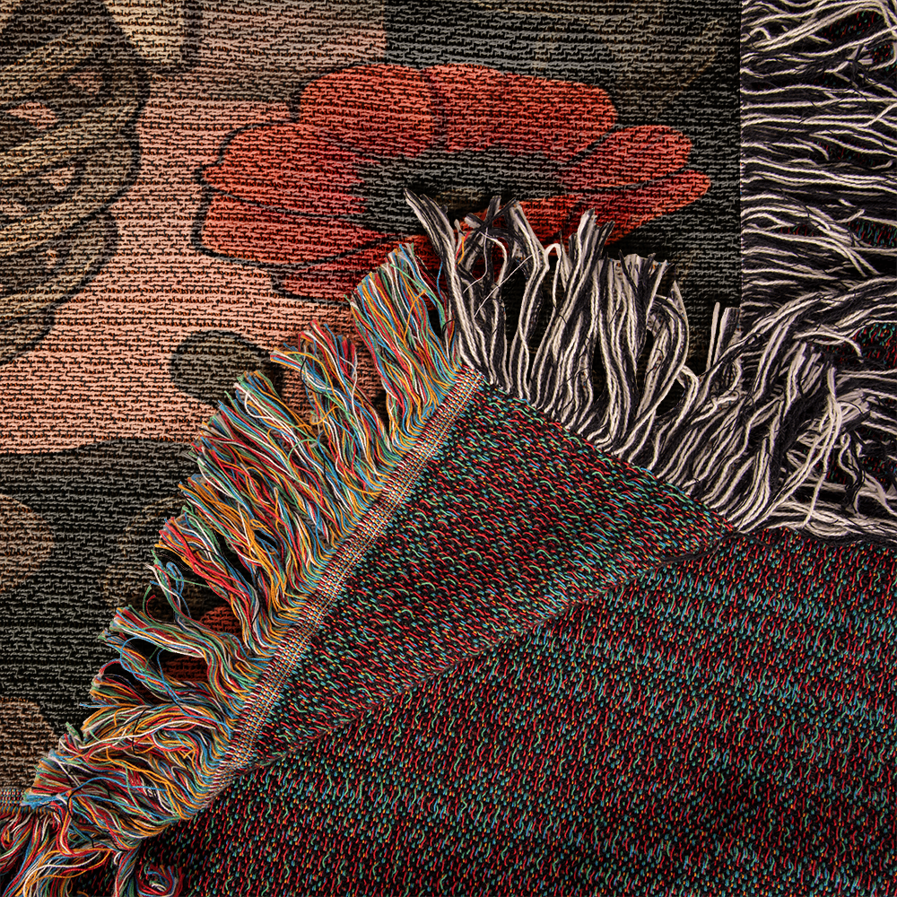 Woven Cotton Blanket – Enchanted Skeleton Couple in Poppy Flowers at Sunset