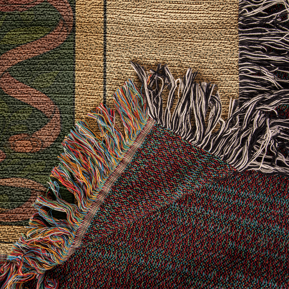 100% Cotton Woven Blanket – Mystic Black Wolf and Raven on Grass & Flowers, The Lovers Card VI