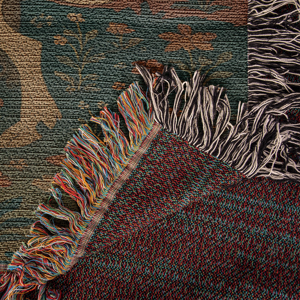Premium Woven Cotton Throw – Enchanted Forest Unicorn and Fox Surrounded by Birds and Blossoms