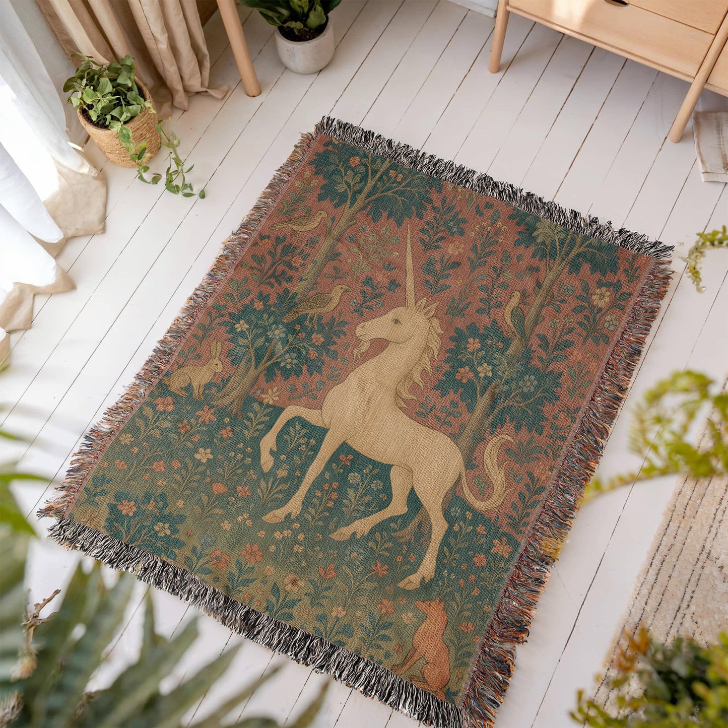 Premium Woven Cotton Throw – Enchanted Forest Unicorn and Fox Surrounded by Birds and Blossoms