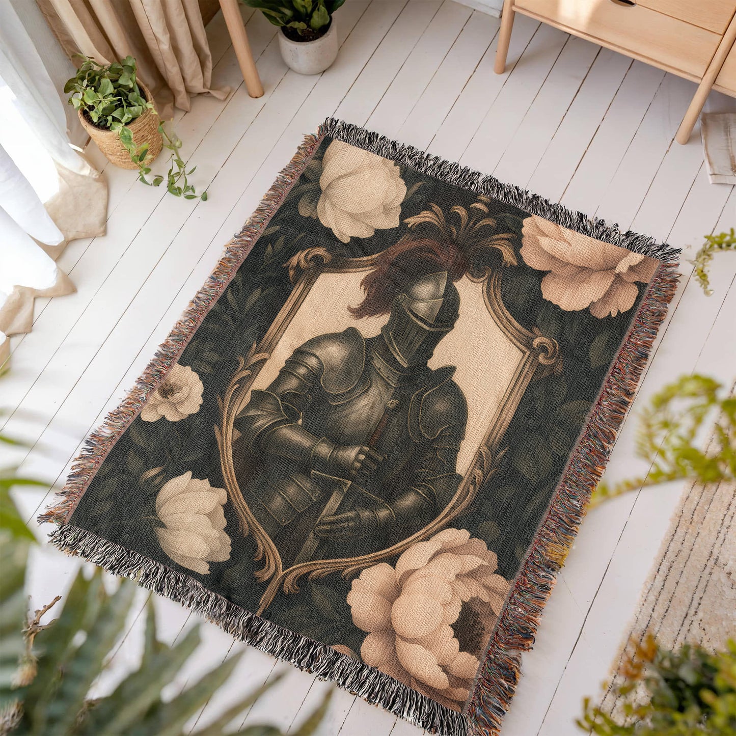 100% Cotton Woven Blanket – Medieval Knight with Sword Inside Shield Frame