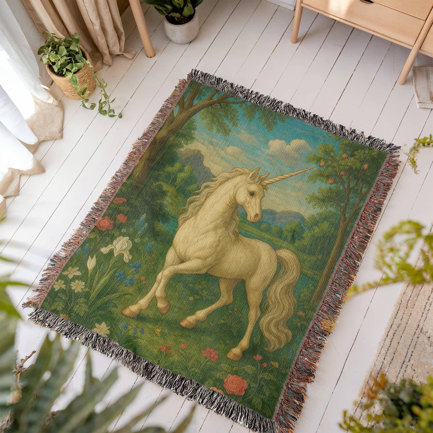 100% Cotton Woven Blanket – Enchanted Unicorn in Floral Clearing with Mountain Backdrop and Clouds