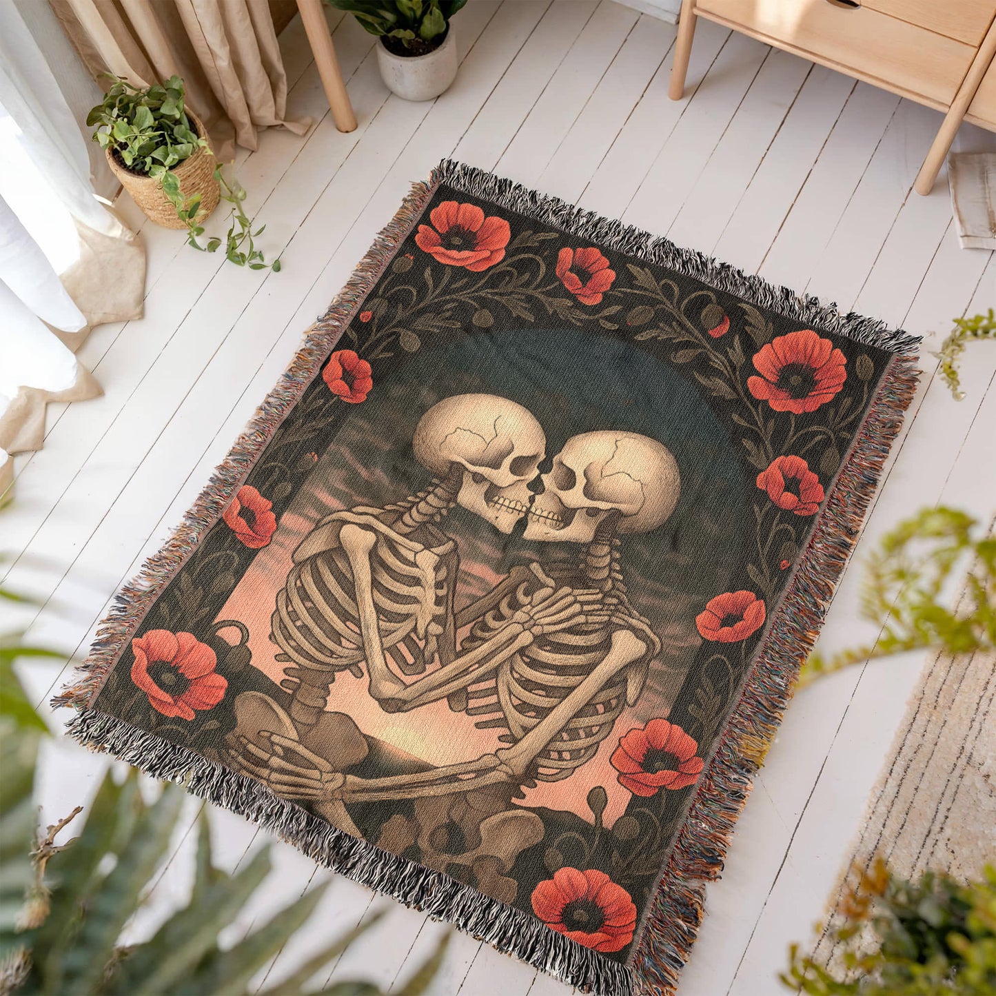 Woven Cotton Blanket – Enchanted Skeleton Couple in Poppy Flowers at Sunset