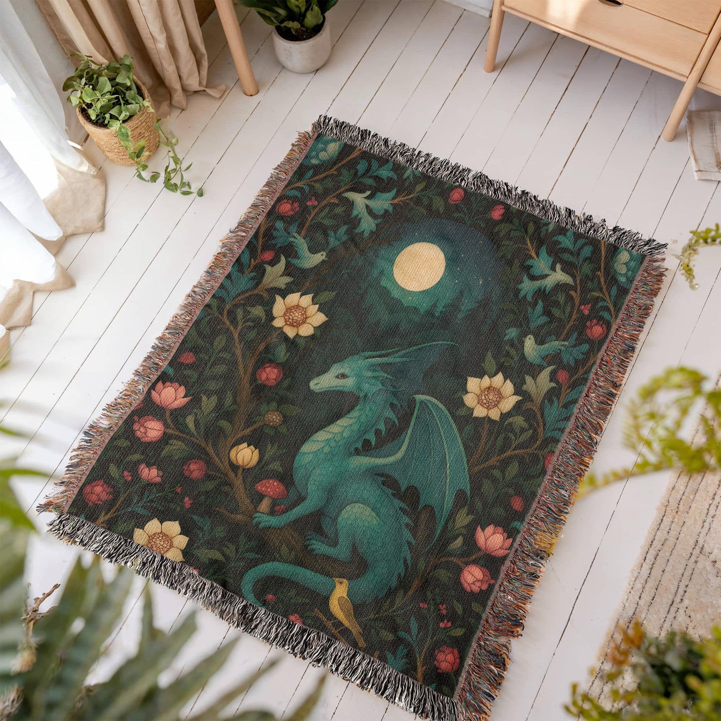 100% Cotton Woven Blanket – Magical Dragon in Moonlit Woodland Scene
