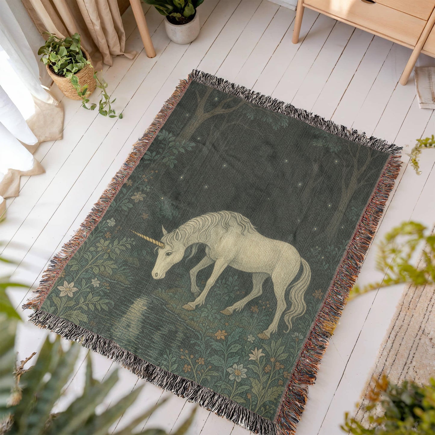 Premium Woven Cotton Throw – Unicorn in Dark Forest by Flowered Stream
