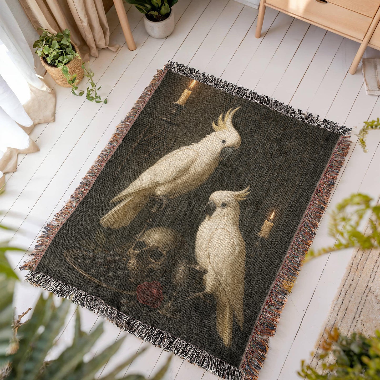 100% Cotton Woven Blanket – White Parrots on Table with Skull, Grapes, Rose and Bronze Chalice