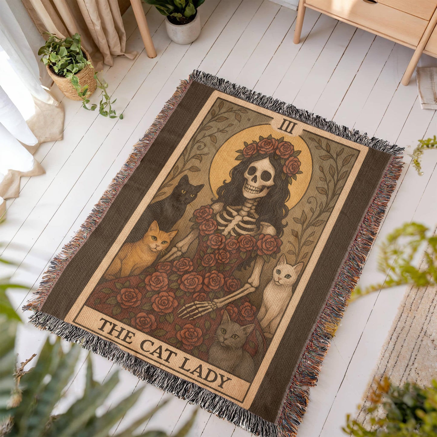 100% Cotton Woven Blanket – Gothic Skeleton Cat Lady Wearing Red Roses Gown with Four Cats, The Cat Lady Card Style
