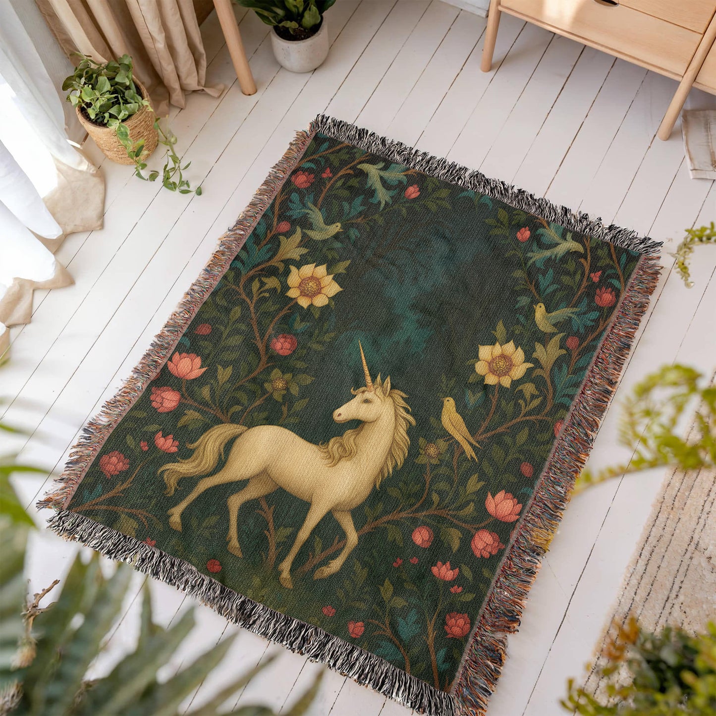 Premium Woven Cotton Throw – Enchanted Forest Unicorn Surrounded by Birds and Blossoms