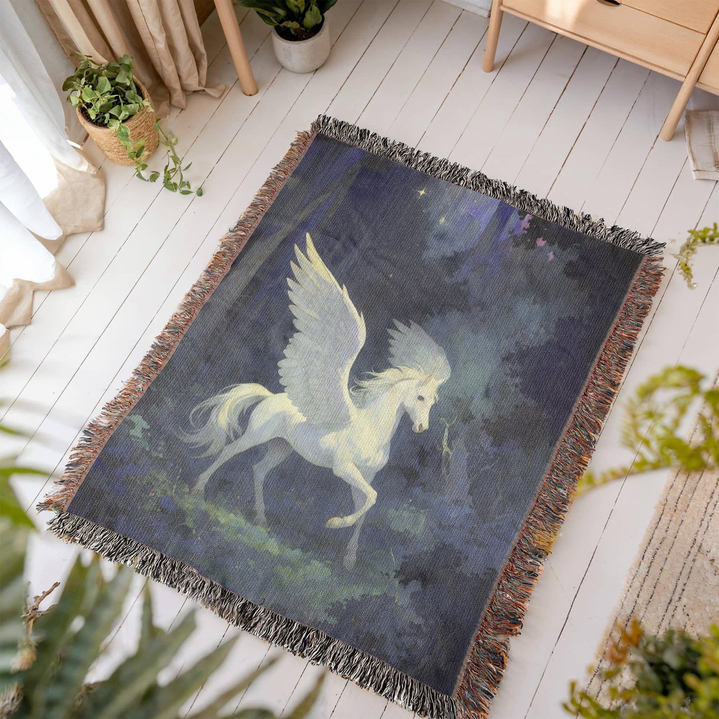 Premium Woven Cotton Throw – White Pegasus under Starry Sky in Mystical Forest