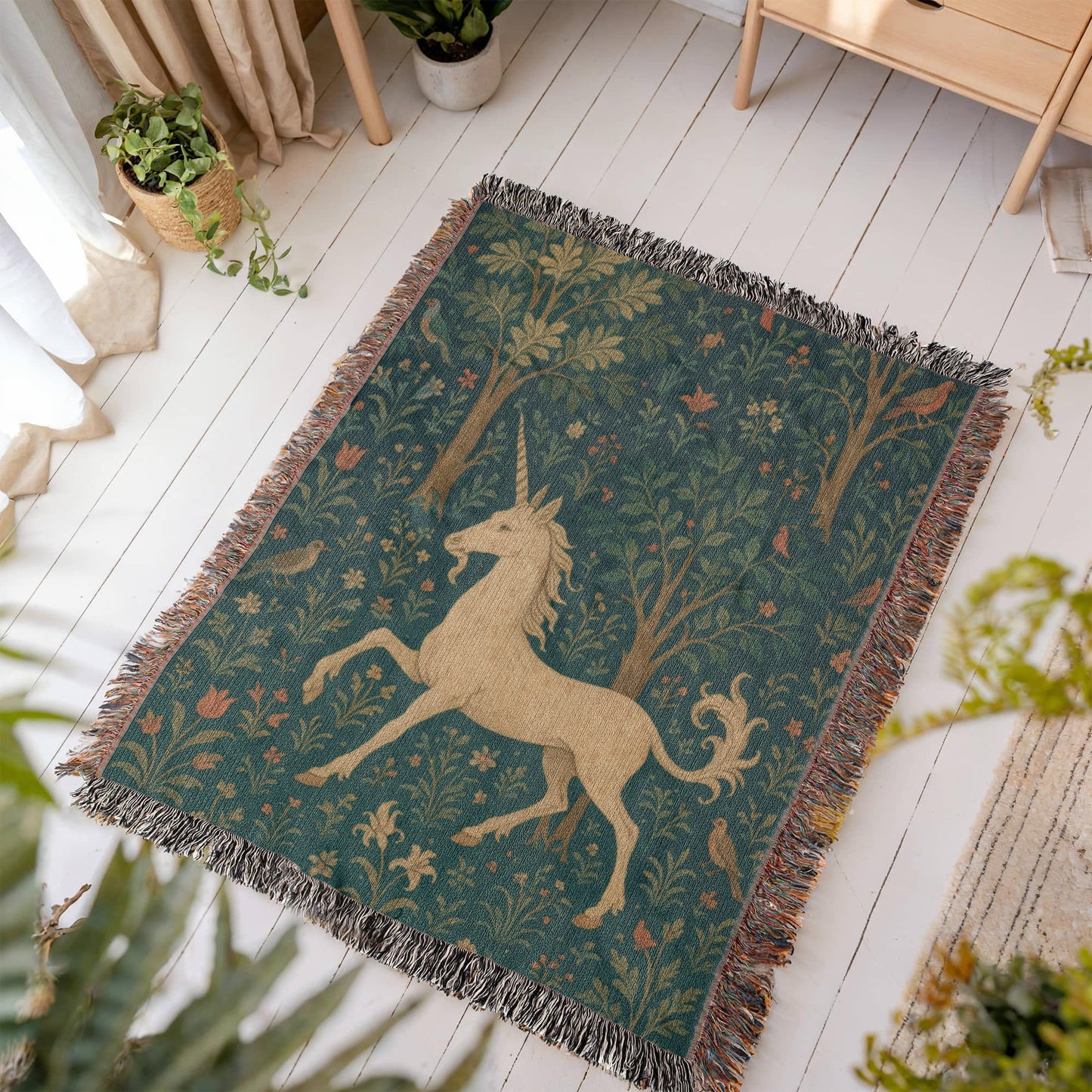100% Cotton Woven Blanket – Magical Unicorn among Woodland Flowers and Birds