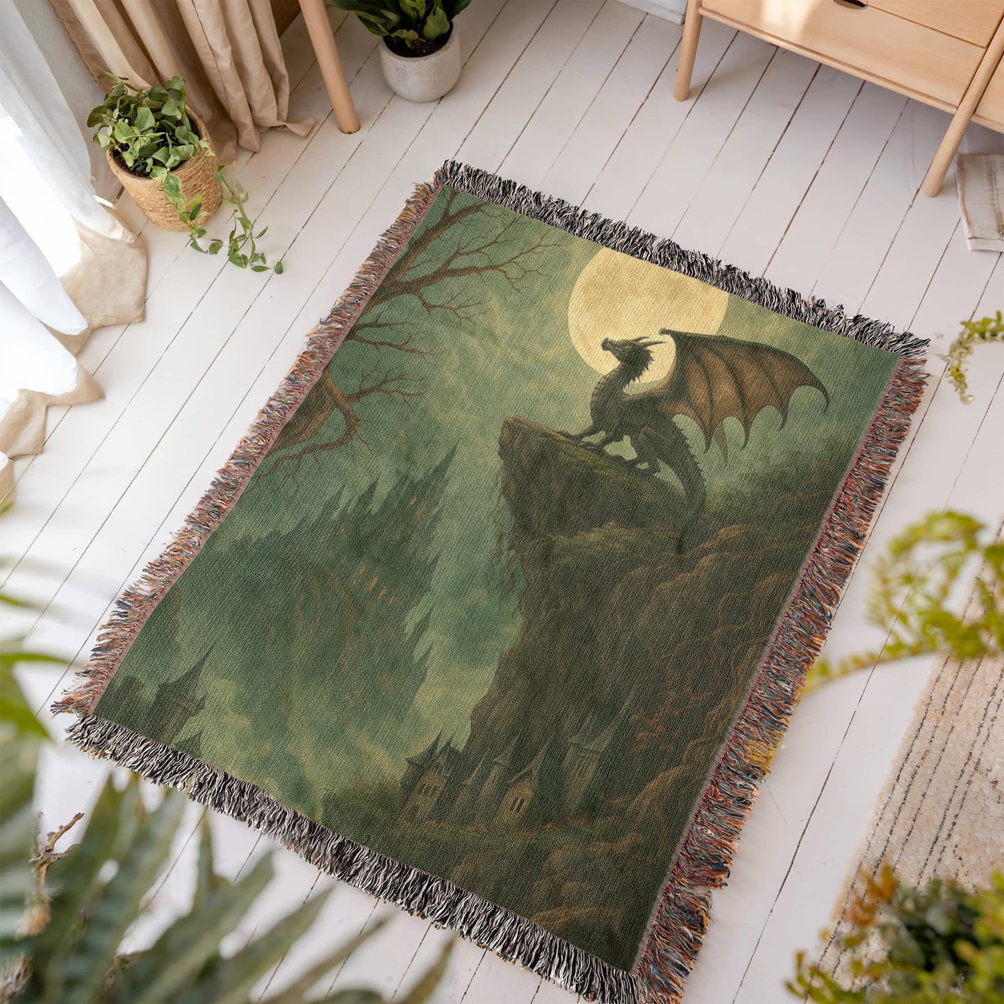 100% Cotton Woven Blanket – Majestic Dragon on Rocky Cliff under Moonlight with Castle View