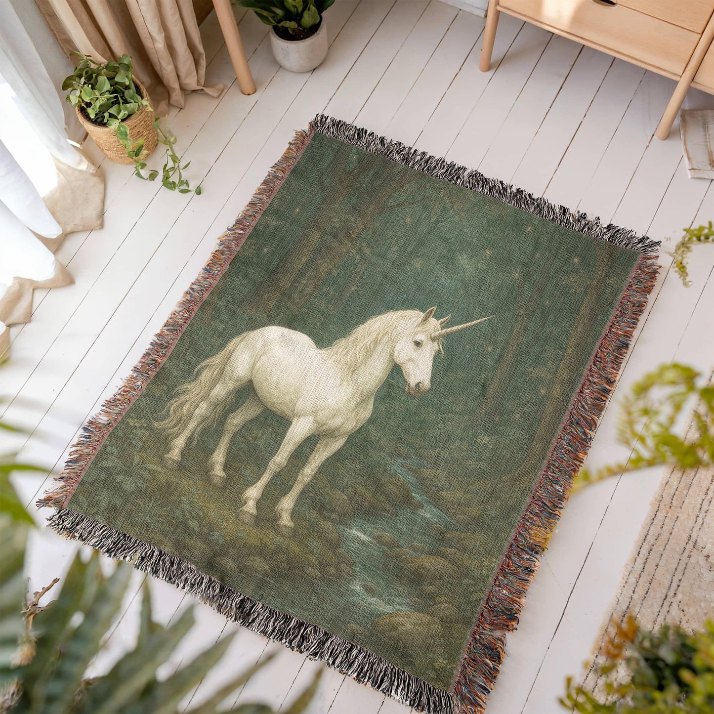 Premium Woven Cotton Throw – Unicorn in Dark Forest by Quiet Stream