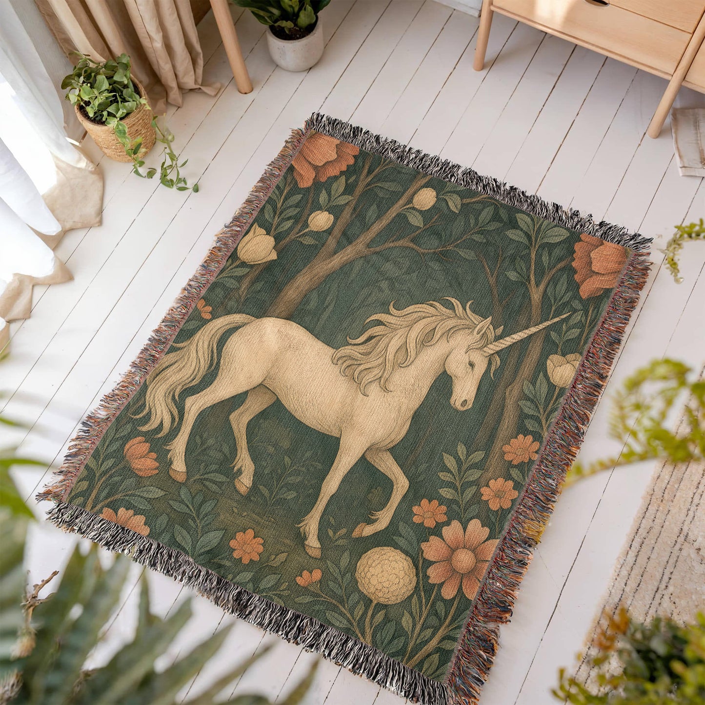 100% Cotton Woven Blanket – Magical Unicorn among Woodland Flowers