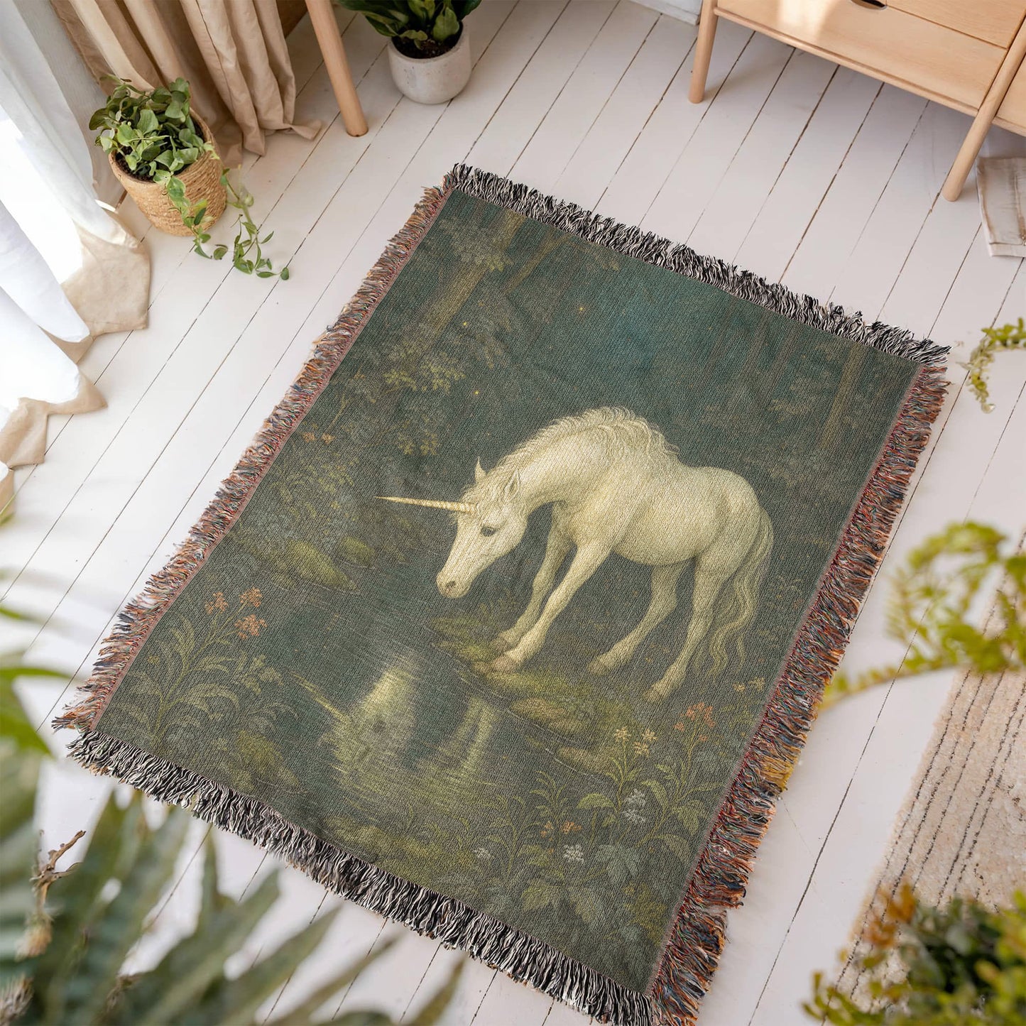 Heirloom Woven Cotton Blanket – Magical Night Forest Scene with Unicorn near Stream