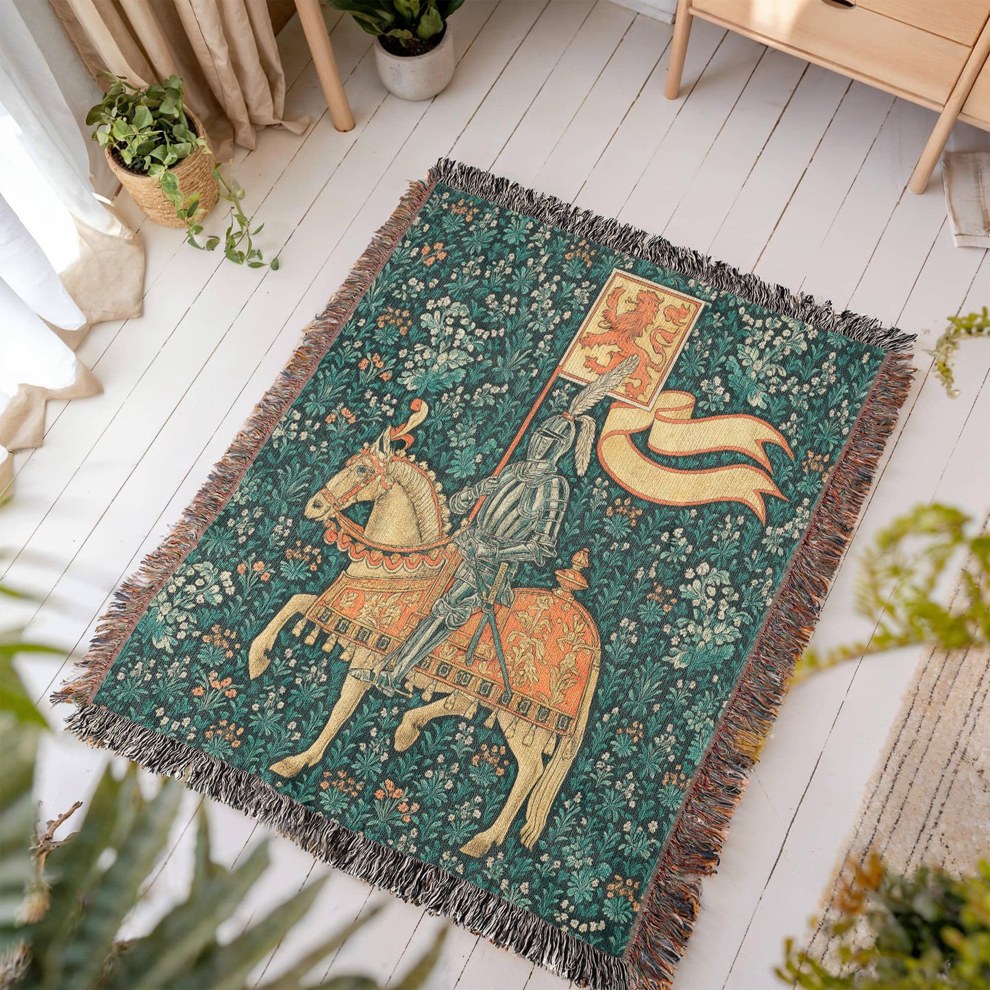 Premium Woven Cotton Throw – Knight Riding Horse with Battle Banner