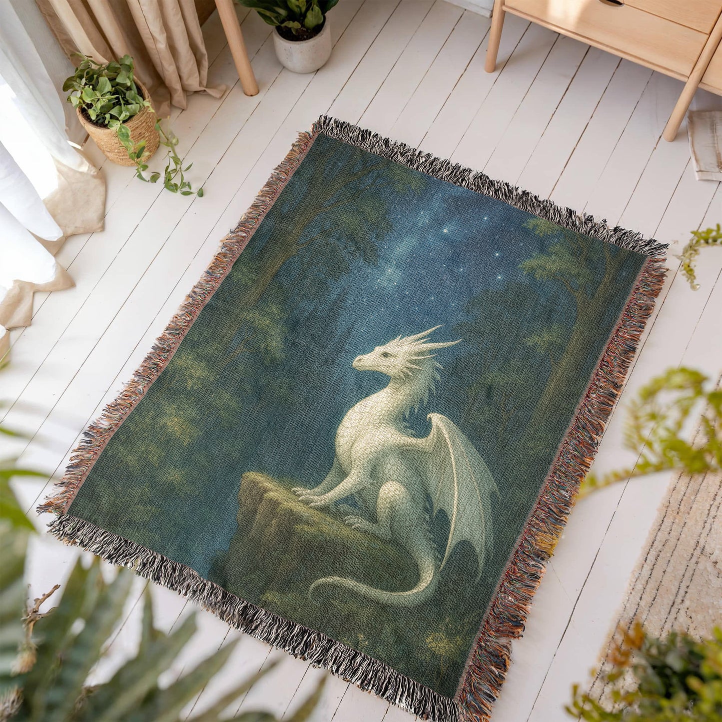 Premium Woven Cotton Throw – White Dragon on Rocky Cliff in Star-Filled Forest Night