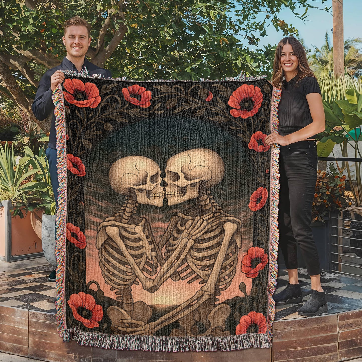 Woven Cotton Blanket – Enchanted Skeleton Couple in Poppy Flowers at Sunset