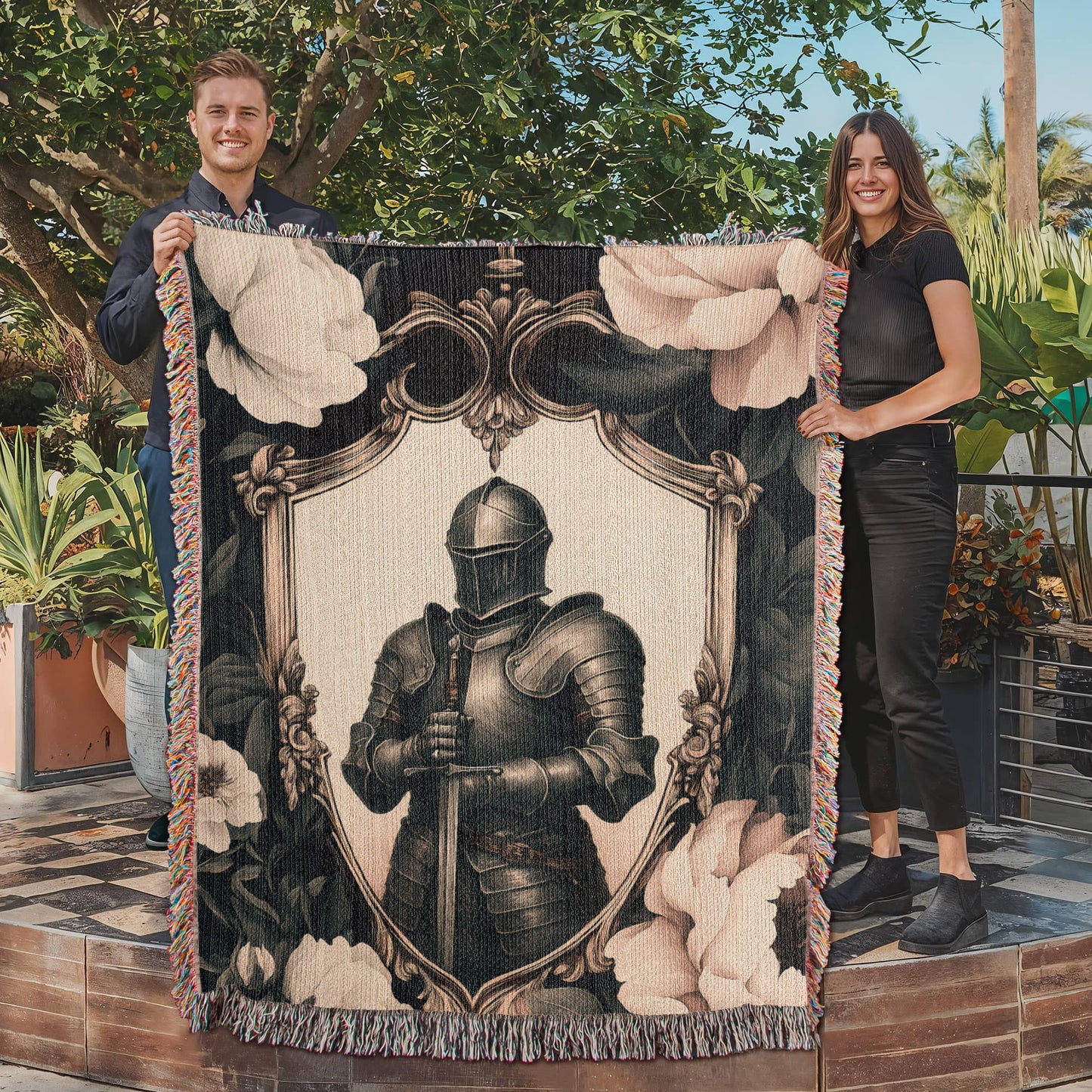 Premium Woven Cotton Throw – Knight Holding Sword in Heraldic Shield Frame