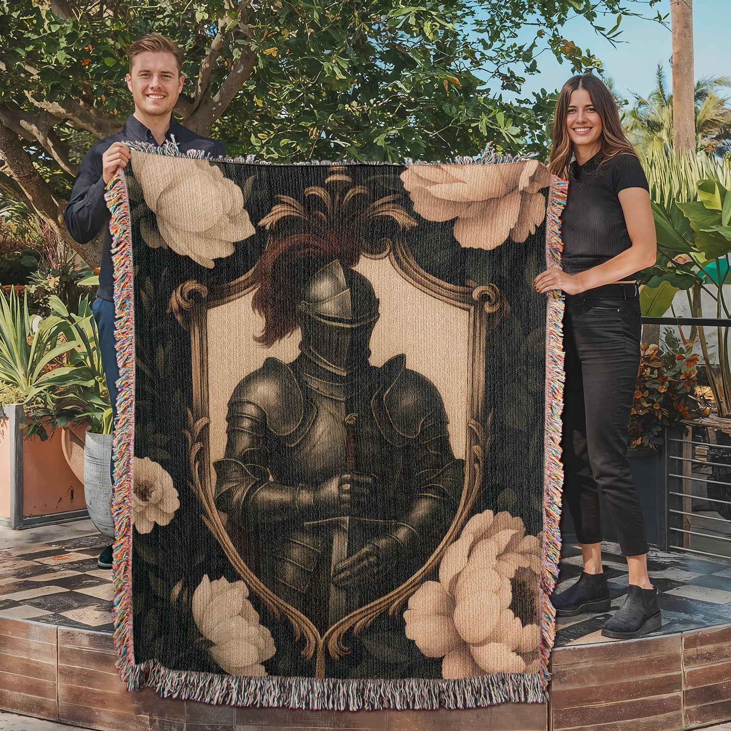 100% Cotton Woven Blanket – Medieval Knight with Sword Inside Shield Frame