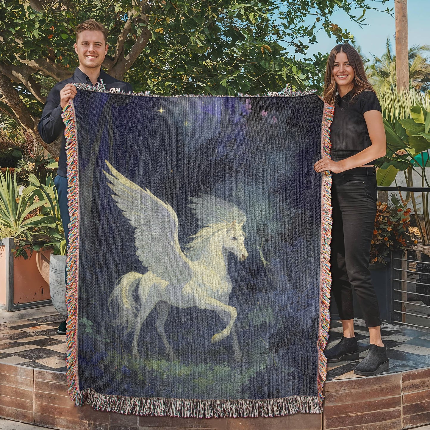 Premium Woven Cotton Throw – White Pegasus under Starry Sky in Mystical Forest