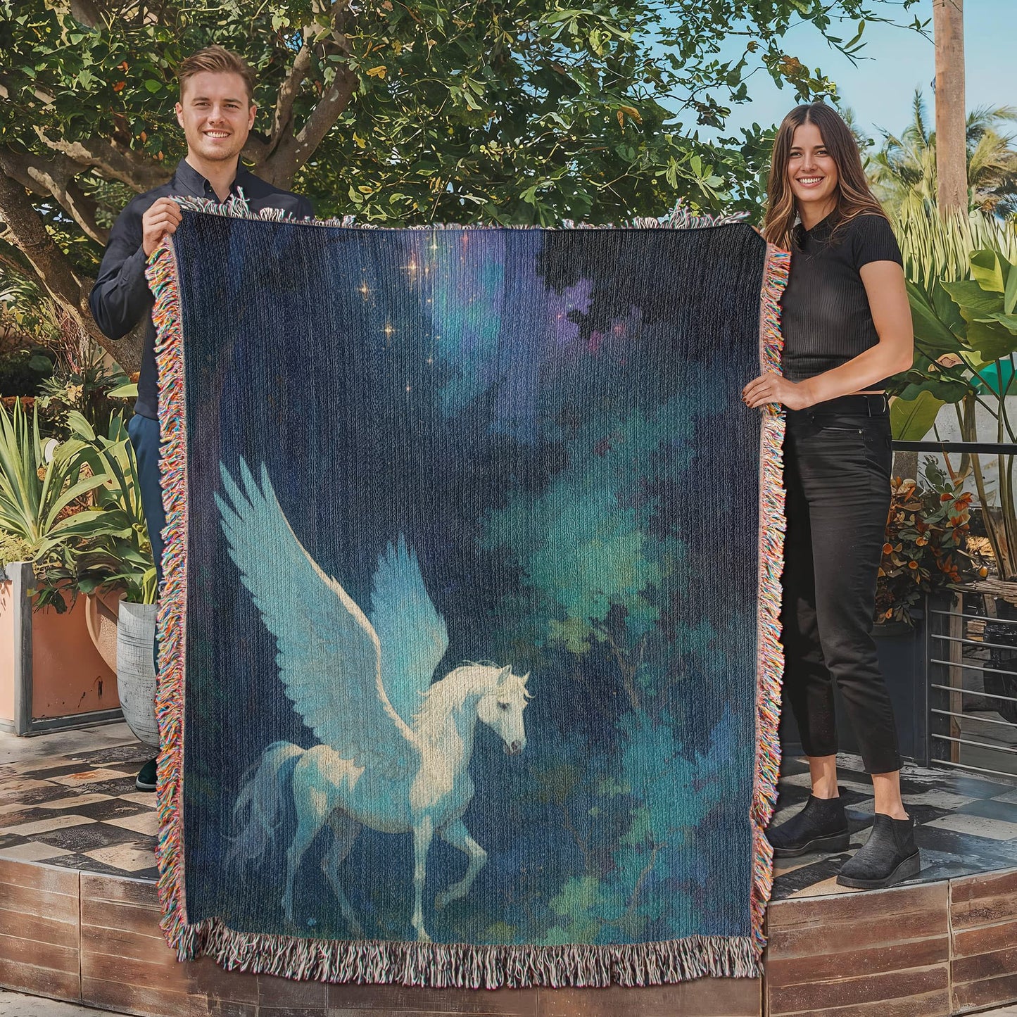 Woven Cotton Blanket – Fantasy White Pegasus in Moonlit Enchanted Forest